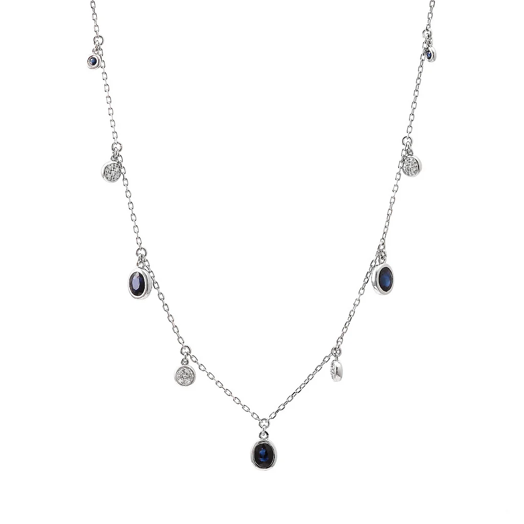 Collar de plata con zafiros y brillantes colgando